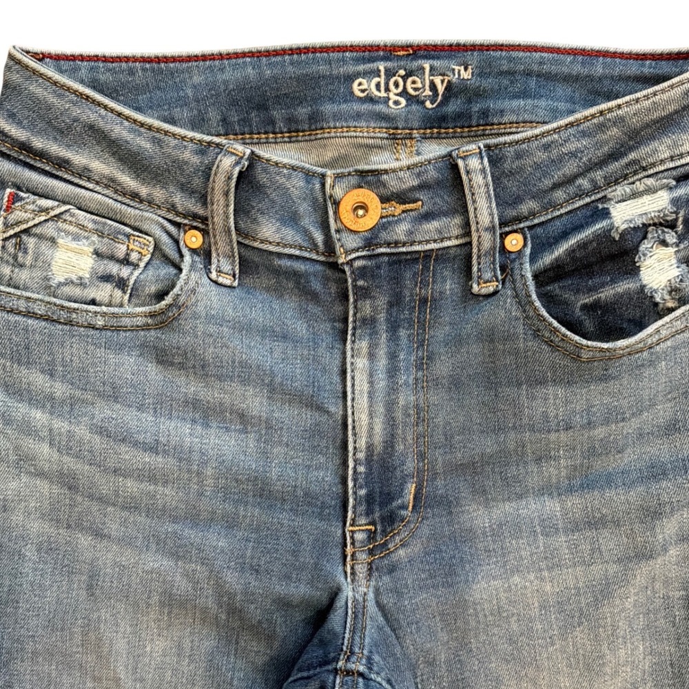Edgely Womens Distressed Flare Jeans Medium Wash Blue Ripped Size 4 Short - Picture 4 of 5